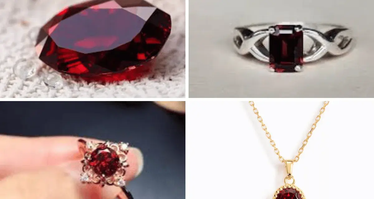 A loose faceted gemstone and three pieces of jewelry, all showcasing deep garnet colors.