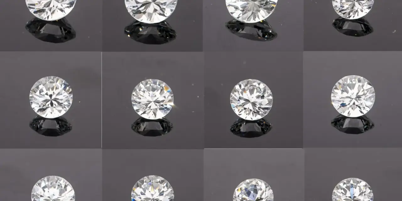 Twelve sparkling stones that look like diamonds, each with brilliant facets, are arranged in a grid on a dark, reflective surface.