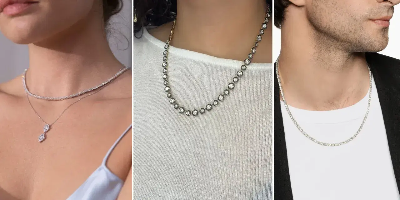 A tennis necklace is a delicate chain of diamonds, showcased on women and men.