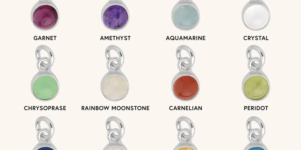 A collection of silver charms, each featuring a different colored gemstone representing birthstones for months: Garnet, Amethyst, Aquamarine, Crystal, Chrysoprase, Rainbow Moonstone, Carnelian, Peridot, Lapis, Opal, Citrine, and Turquoise.