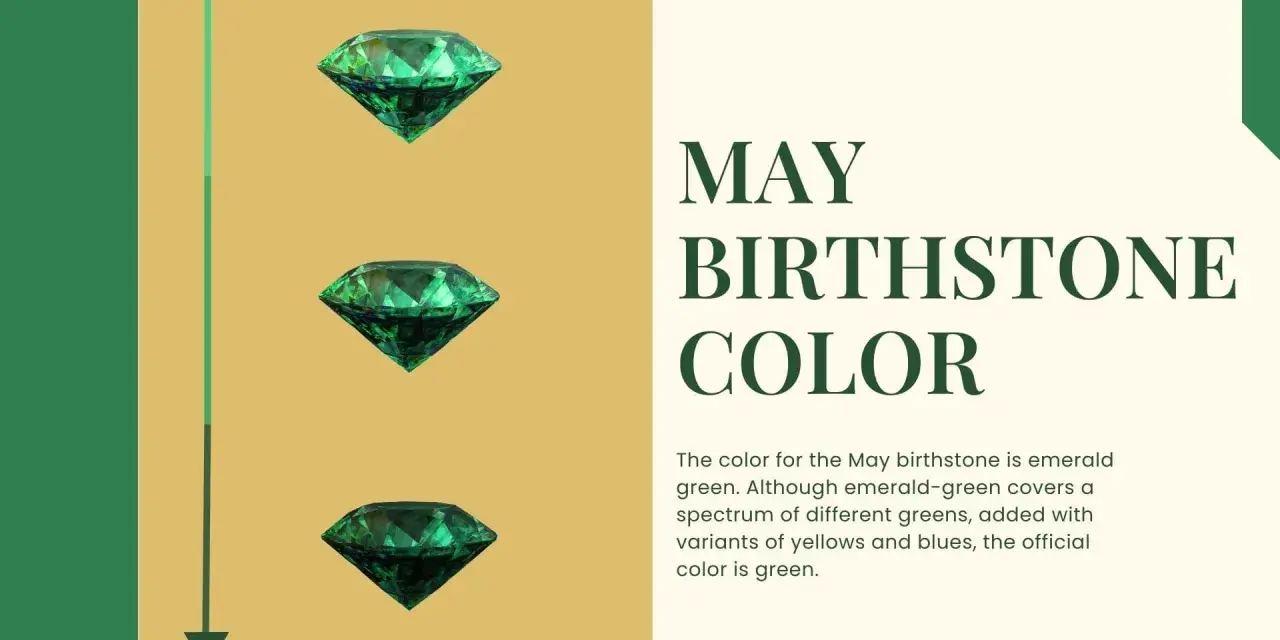 Three emeralds, the May birthstone, are displayed against a golden background. Text reads "MAY BIRTHSTONE COLOR.