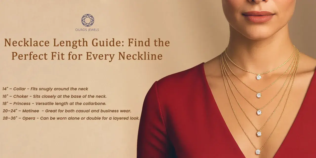 Guide to the best necklace length for women, showing layered gold chains with diamond pendants on a model in a red dress.