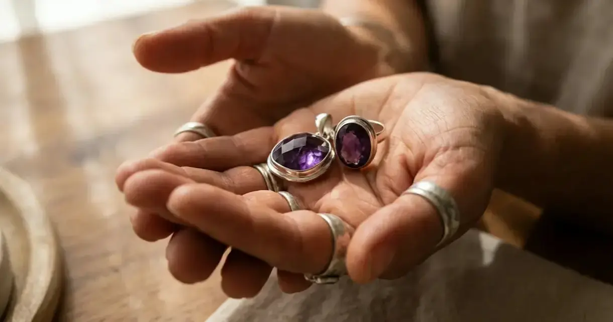 Hands hold a pendant and ring with deep purple amethyst. These beautiful stones are found in Brazil, Uruguay, and other locations worldwide.
