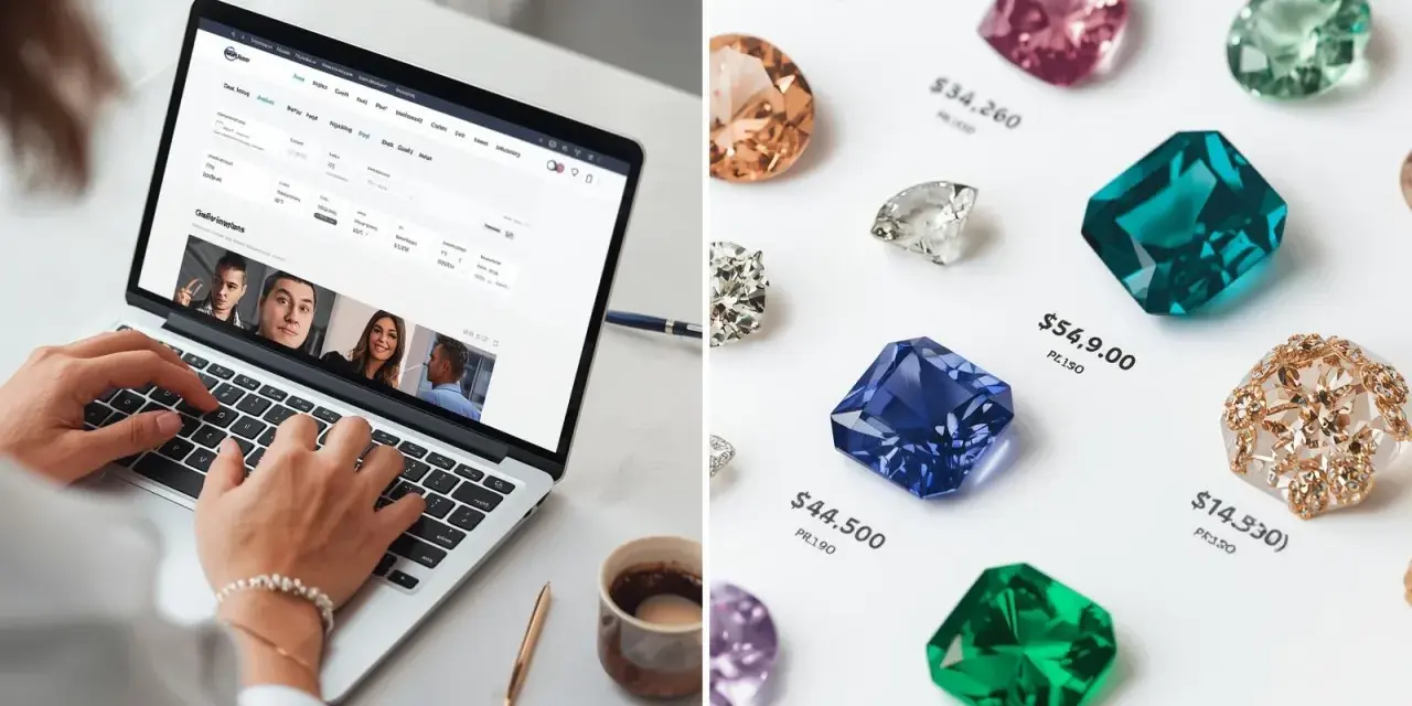 A split image shows a laptop with a jewelry appraisal website and a collection of colorful gemstones with prices, hinting at what is the cheapest gemstone.