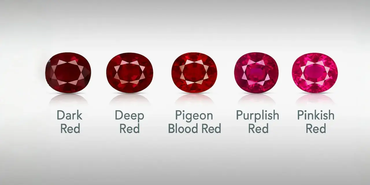 Five oval-cut rubies, showcasing a spectrum of red hues from dark to pinkish, represent the July birthstone.