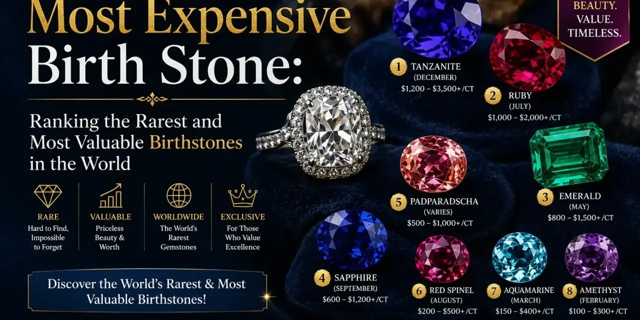 The most expensive birthstone, Tanzanite, leads a ranking of rare and valuable gemstones.