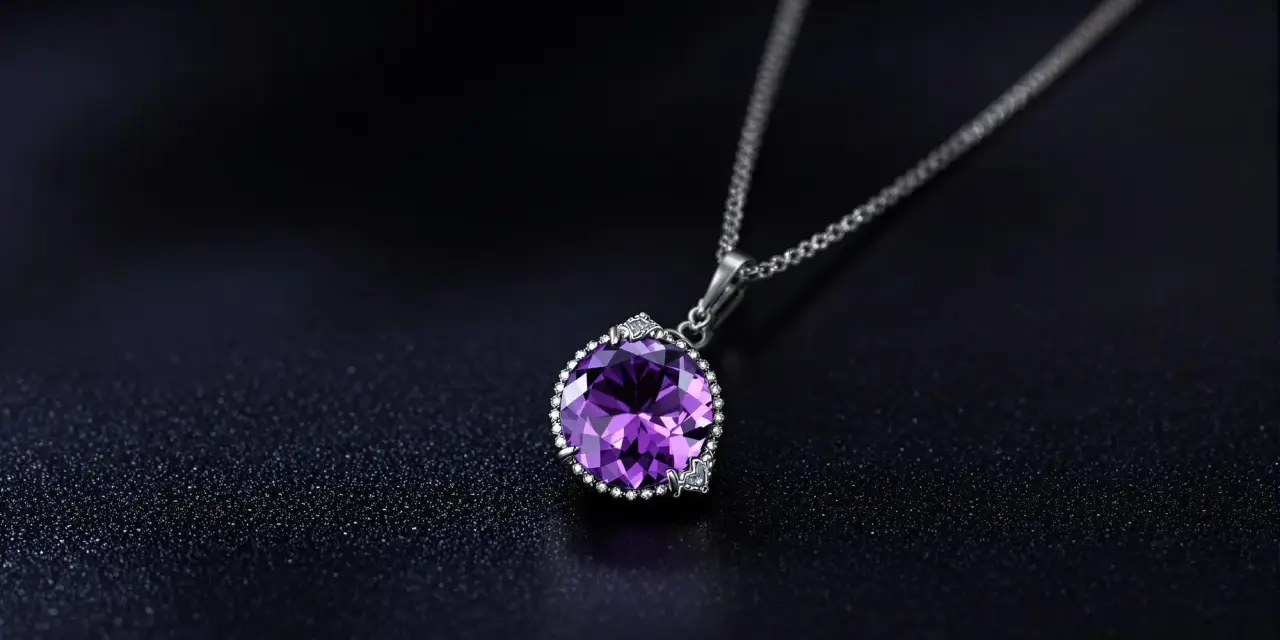A stunning amethyst necklace, its deep purple aquarius stone sparkling against a dark, textured background.