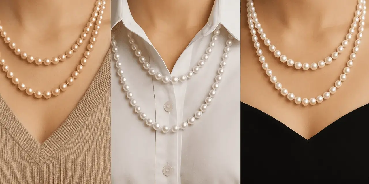 Three women showcase what is a pearl necklace: a classic double strand of pearls on a beige sweater, a single strand on a white blouse, and a double strand on a black dress.