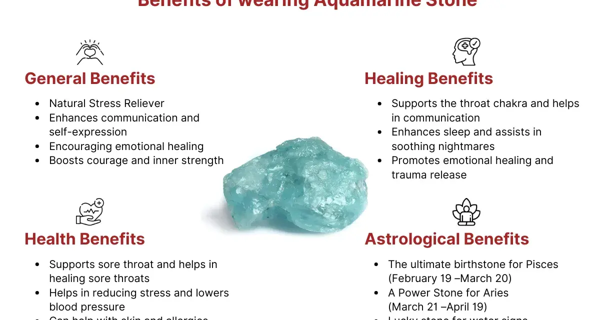 Aquamarine stone, known for its spiritual meaning, offers benefits like stress relief, enhanced communication, and emotional healing.
