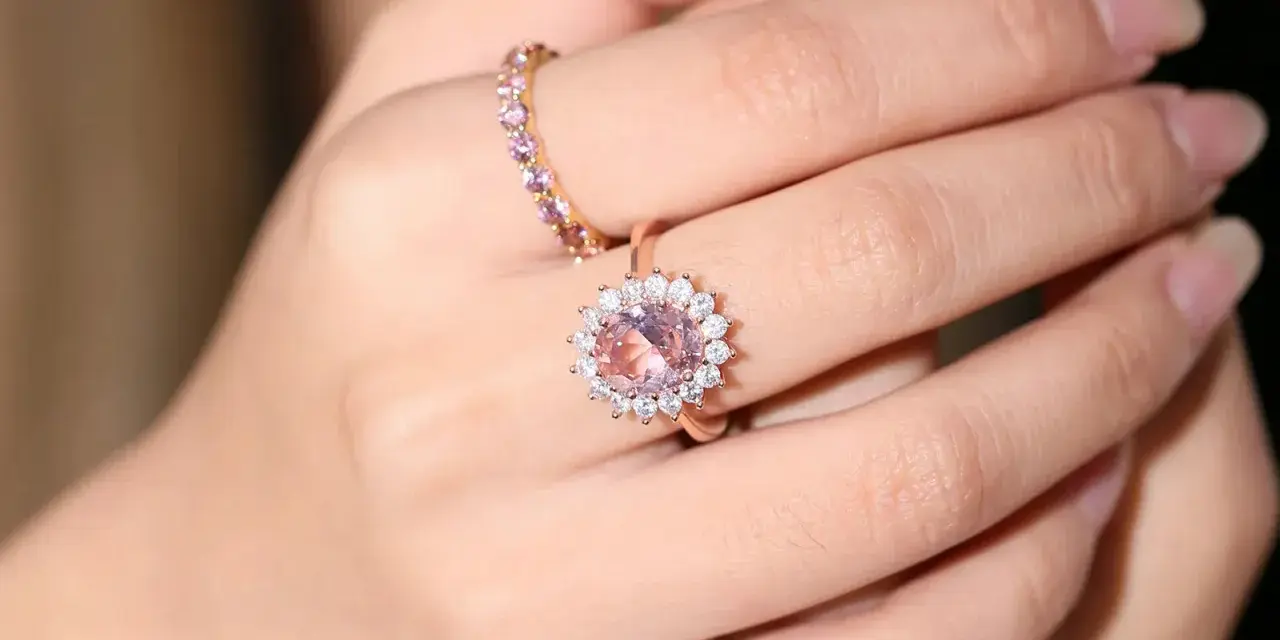 A hand wears two rings. The main ring features a large, peachy-pink morganite surrounded by small diamonds.