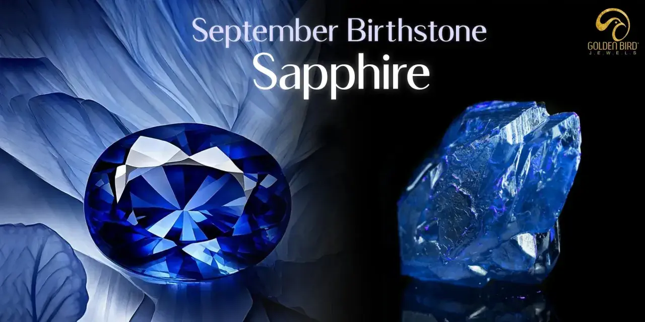 A faceted sapphire, the September birthstone, gleams next to a raw blue crystal.