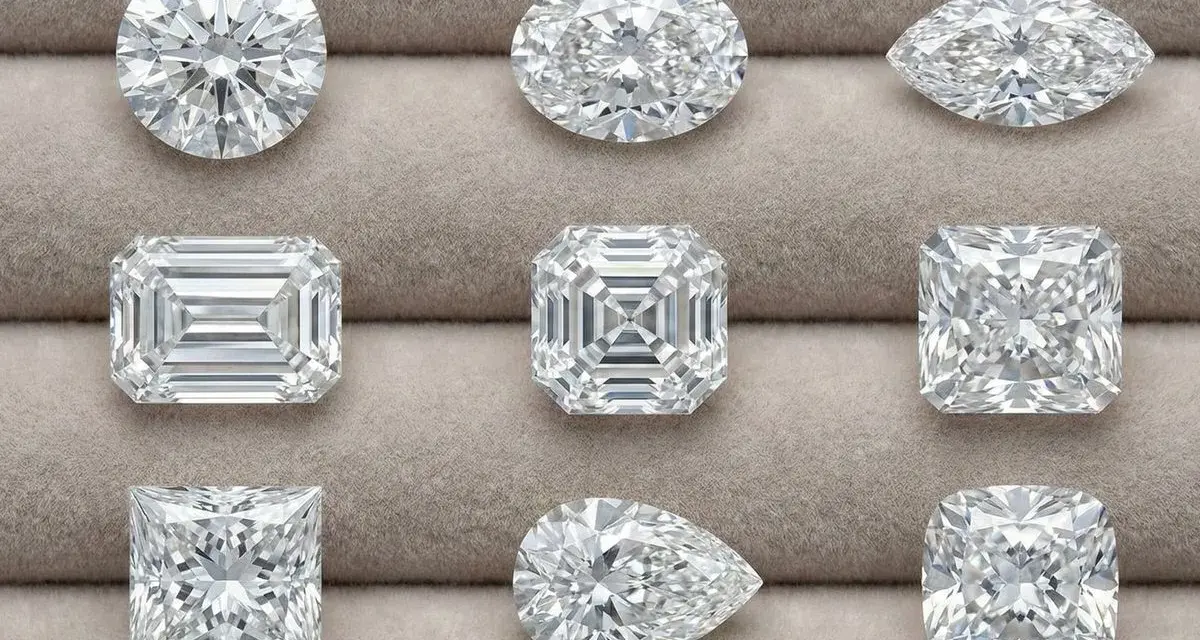 Nine sparkling diamonds, each with a unique diamond cut: round, oval, marquise, emerald, Asscher, pear, princess, and cushion.