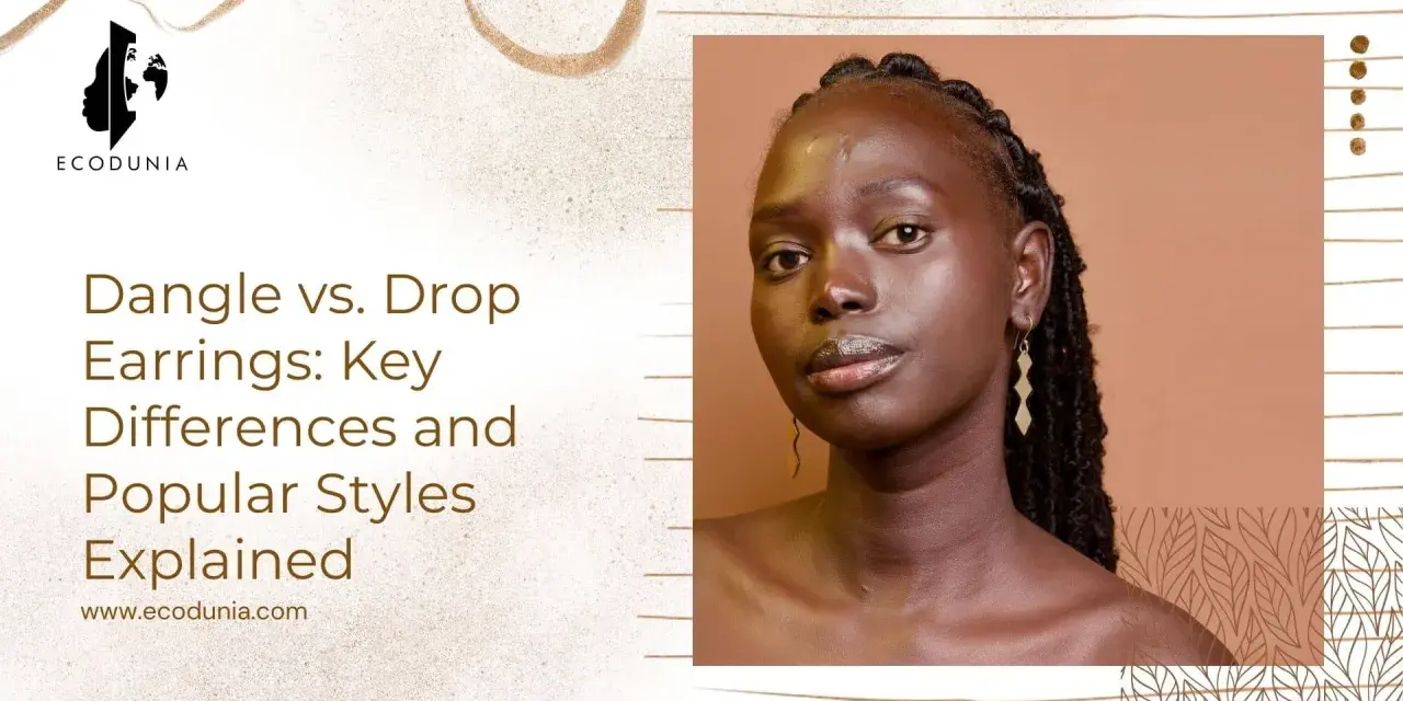 A woman models geometric drop earrings, showcasing how these elegant pieces hang below the earlobe.