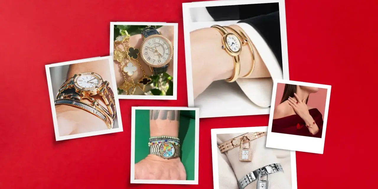 Stylish examples of how to stack bracelets with a watch, showcasing various combinations of luxury timepieces and arm candy.