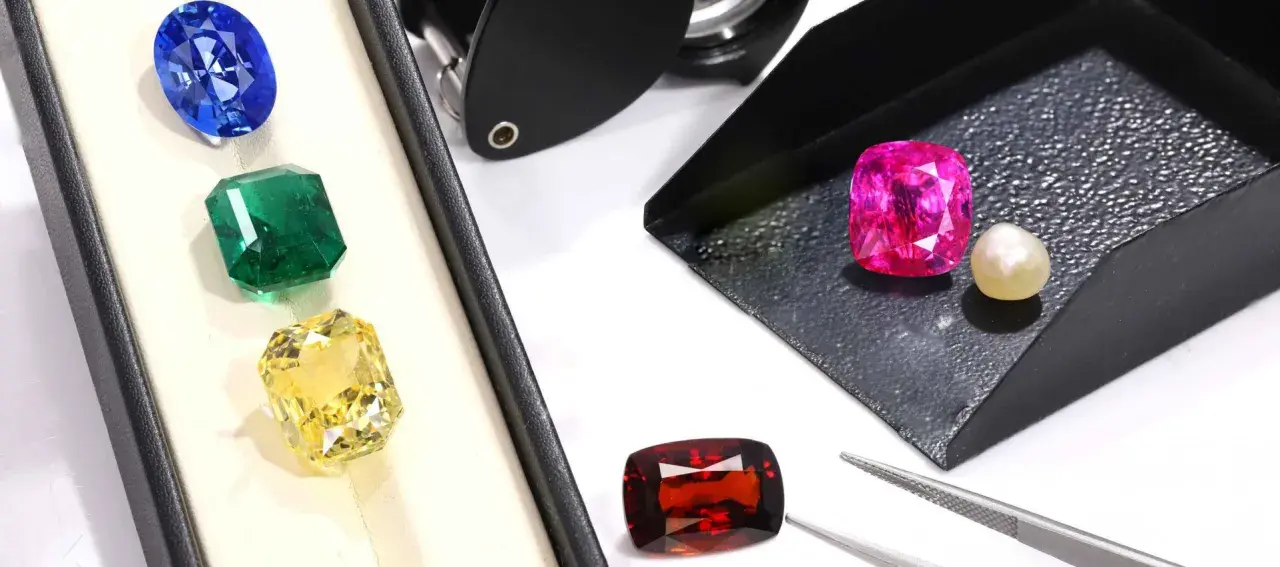 A blue sapphire, green emerald, and yellow citrine are displayed in a box, while a pink sapphire, pearl, and red garnet are on a tray, showcasing diverse gemstone families.