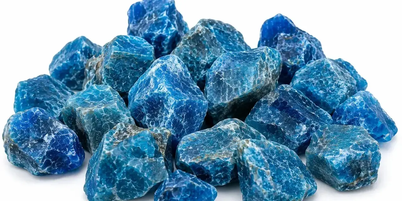 A pile of rough, blue apatite crystals. The apatite crystal meaning is often associated with motivation and ambition.