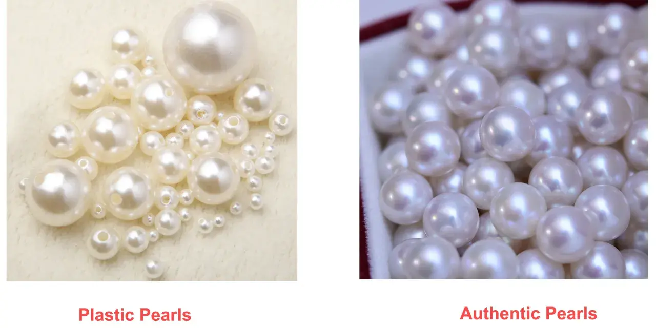 Left: plastic pearls with visible holes. Right: authentic pearls with subtle luster. See how to tell real pearls from fake.