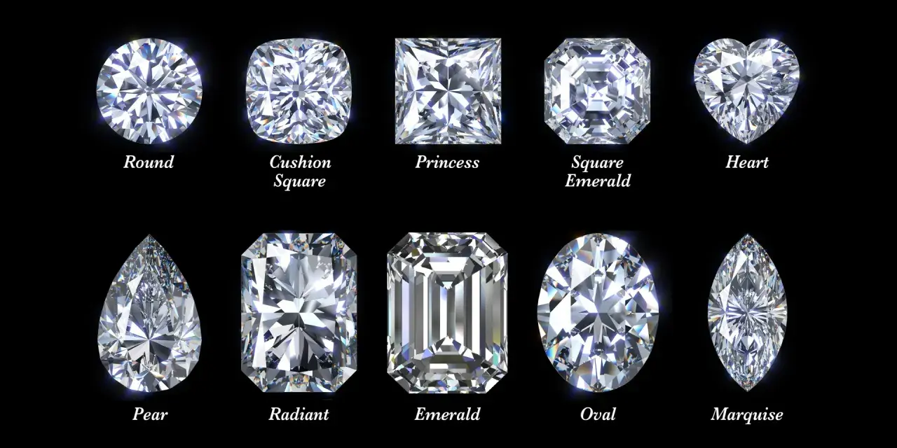 Various diamond cuts, including round, princess, and heart shapes. These could be stimulated diamonds, showcasing different facets and brilliance.