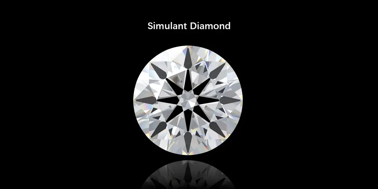 A brilliant cut simulant diamond on a black background. The text "Simulant Diamond" is above it. This image helps understand the simulated diamond meaning.