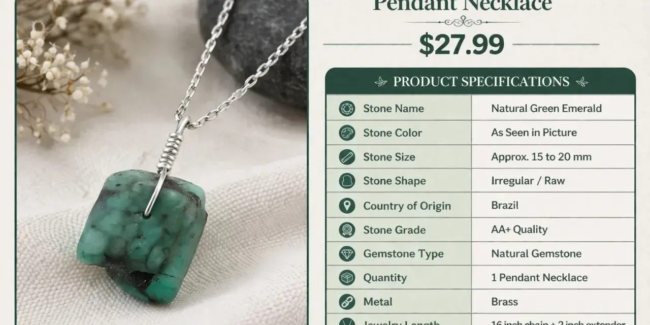 A raw emerald pendant necklace, the May 8 birthstone, features a natural green emerald on a silver chain.