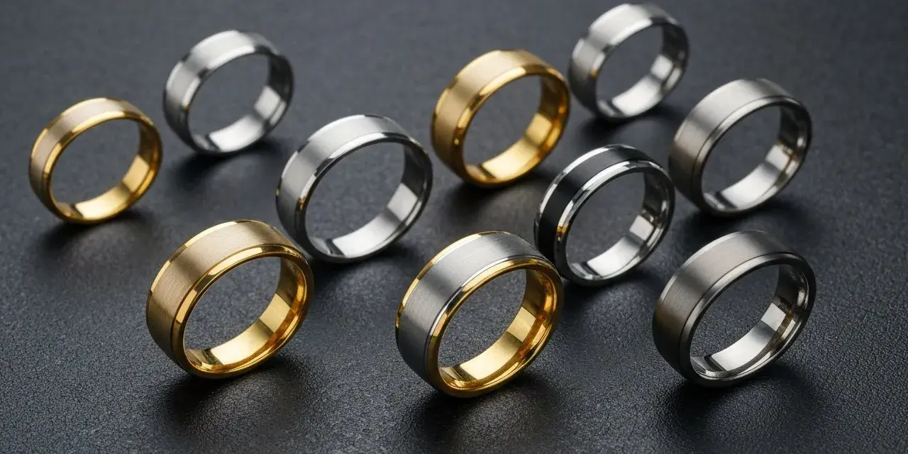A collection of men's wedding bands in various metals like gold, silver, and black, showcasing the best metal for men's wedding band options.