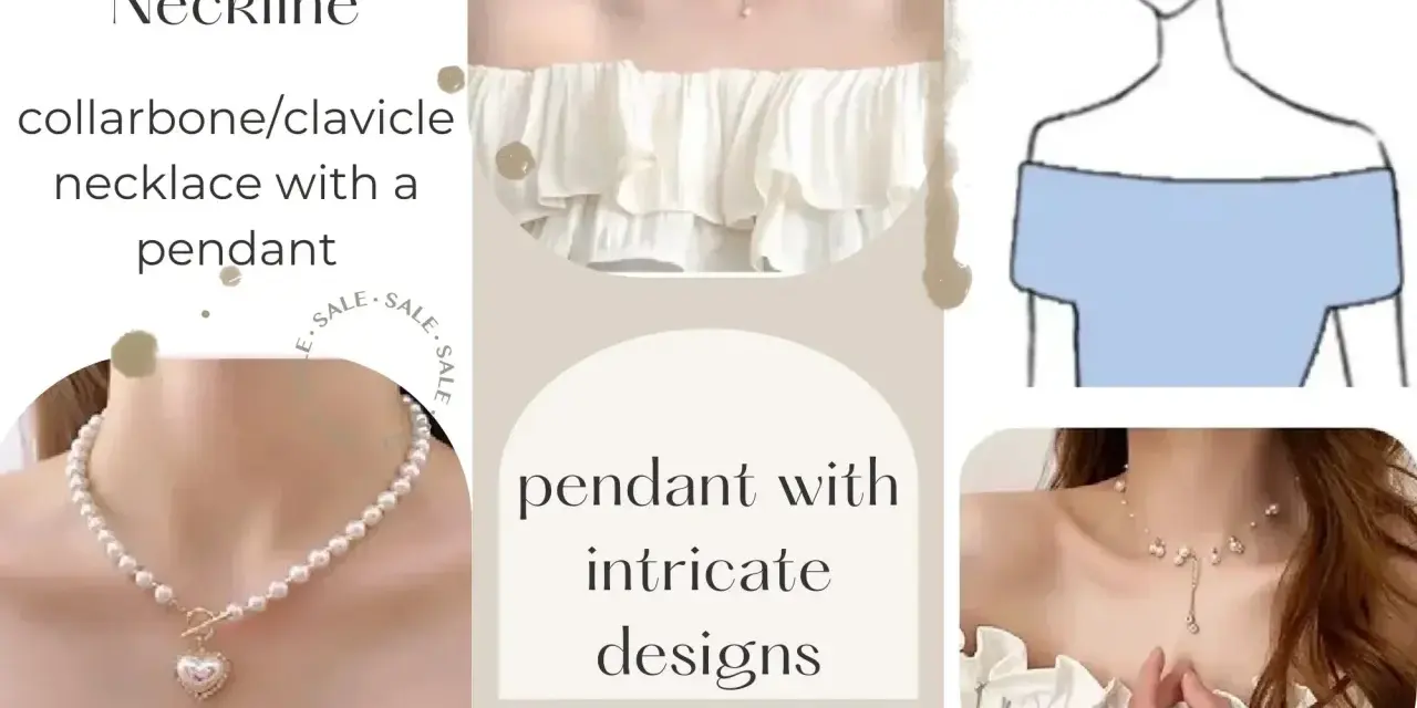 A guide to choosing necklaces for boat necklines. Features collarbone necklaces with pendants, including intricate designs.