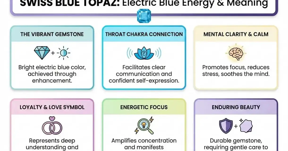 Swiss Blue Topaz represents electric blue energy, promoting clear communication, mental clarity, and enduring beauty.