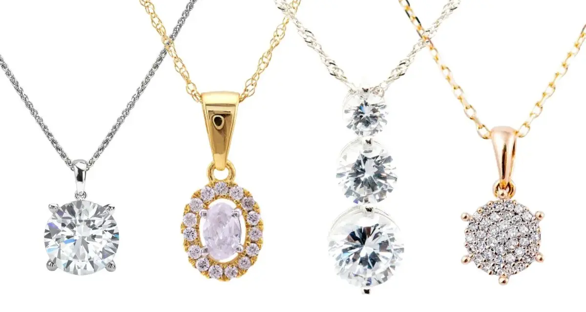 Four elegant diamond chains showcase different styles: a solitaire, an oval halo, a cascading trio, and a cluster pendant.