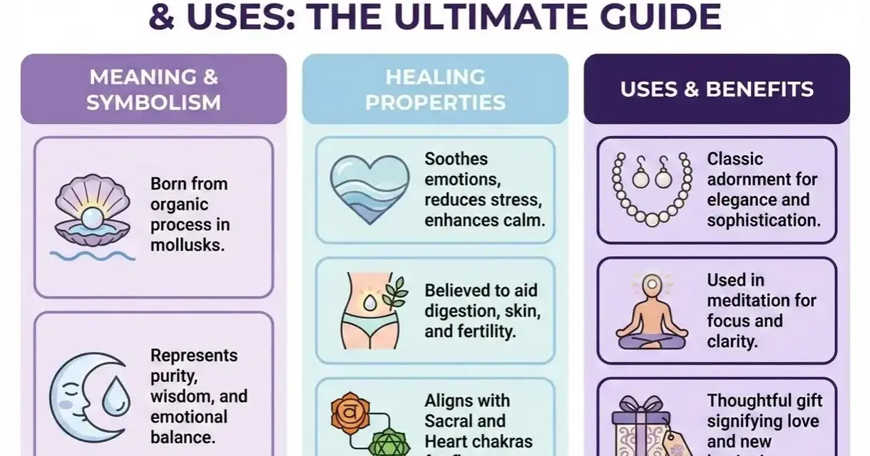 Infographic detailing the spiritual meaning of pearls: purity, wisdom, emotional balance, healing properties, and uses in adornment and meditation.