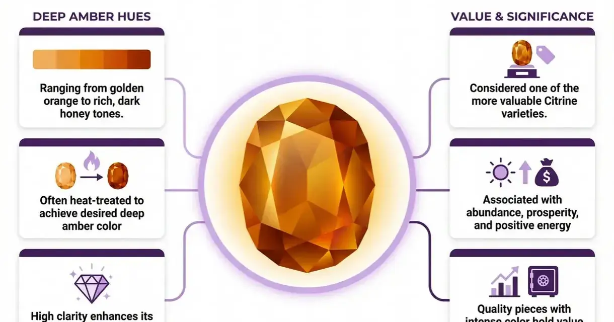 Madeira Citrine, a valuable variety, boasts deep amber hues. Its rich color, often heat-treated, and high clarity contribute to its worth, making it a stone associated with prosperity.