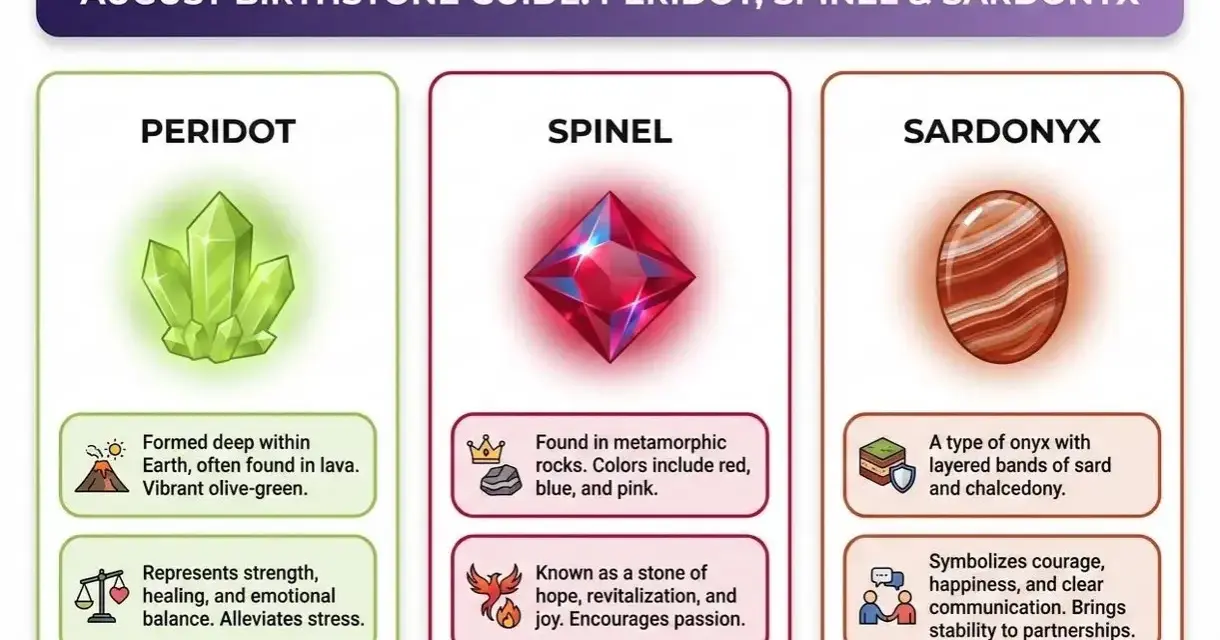 August birthstone guide: Peridot, Spinel, and Sardonyx. Peridot is a vibrant olive-green stone.