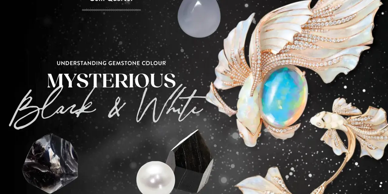 Mysterious black and white gemstone collection, featuring a pearl, obsidian, and a pear-shaped chalcedony.