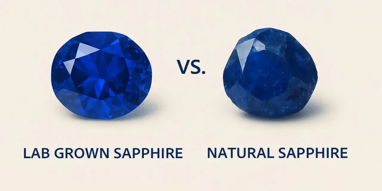 A faceted lab-grown sapphire and a rough natural sapphire are shown side-by-side, illustrating where sapphires are found.