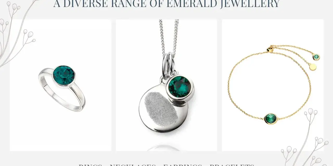 A silver ring, a fingerprint pendant necklace, and a gold bracelet, all featuring a vibrant emerald birthstone.