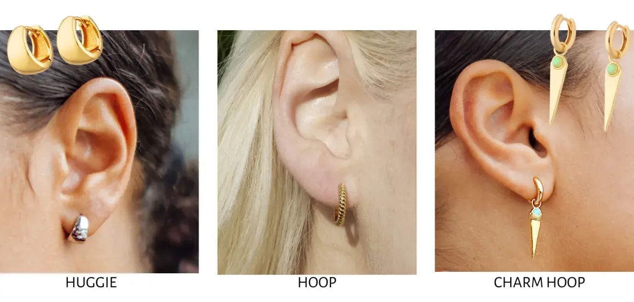 Close-up of ears showcasing different earring styles: huggie earrings, a twisted hoop, and a charm hoop with a spike pendant.