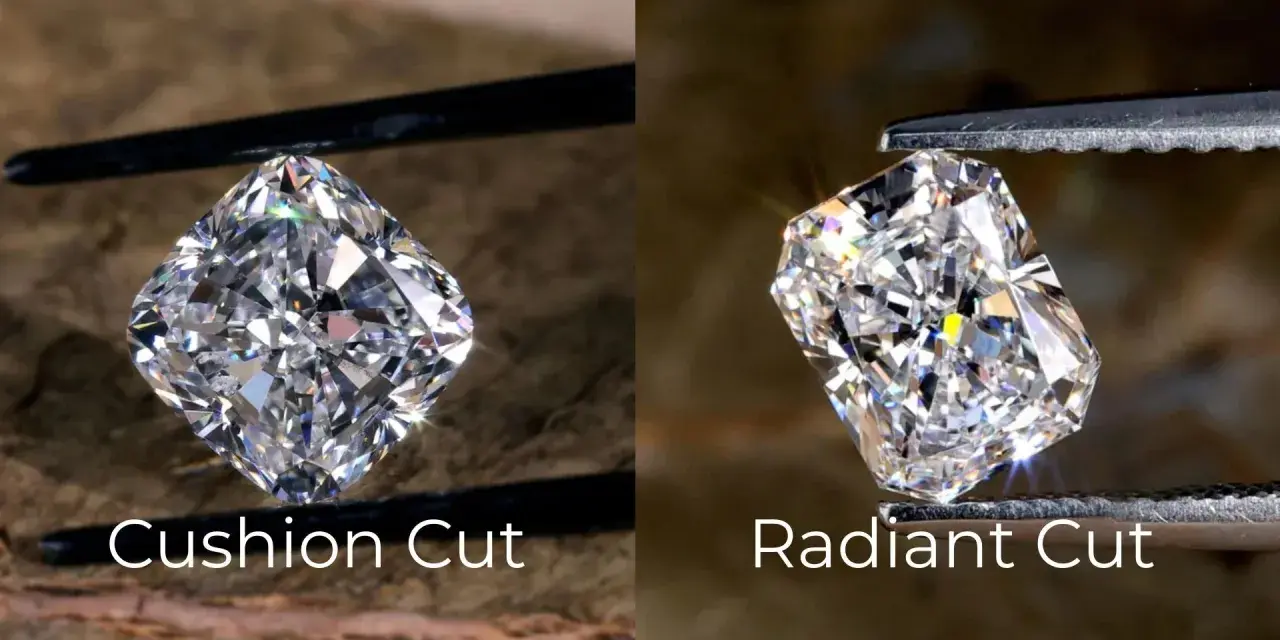 Side-by-side comparison of a cushion cut diamond and a radiant cut diamond, showcasing their distinct facets and brilliance.