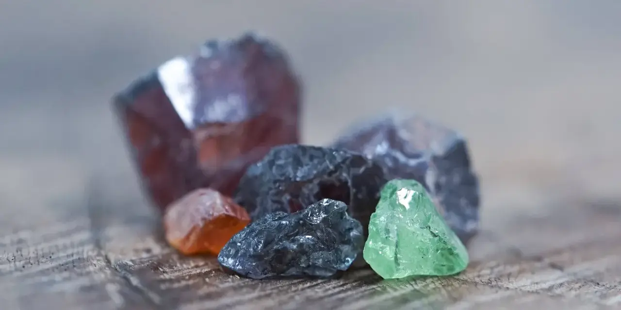 Raw gemstones in various colors, including deep red, orange, grey, and green. The deep red stone might be the birthstone for January.