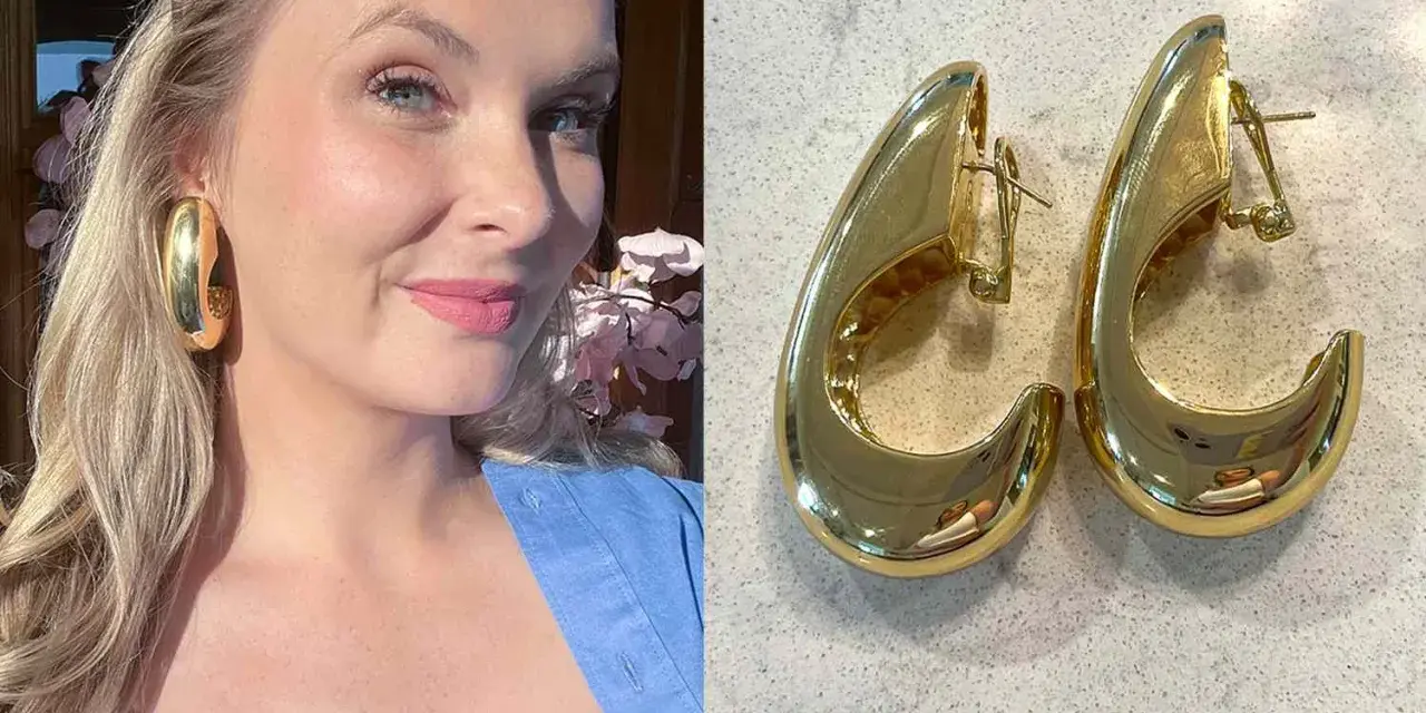 A woman models bold, chunky gold hoop earrings. A separate image shows a pair of these stylish types of hoop earrings.