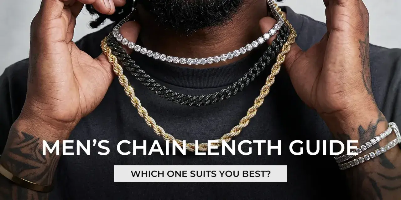 A man displays three chains: a diamond tennis chain, a black cuban link, and a gold rope chain. Learn how long is a 22 inch chain.
