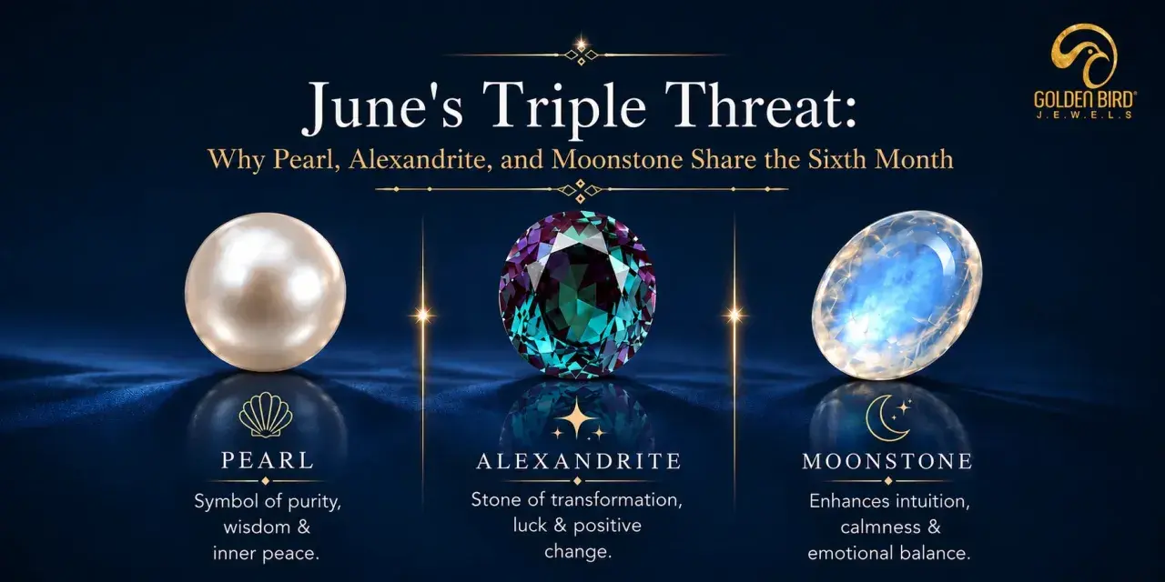 June's birthstone trio: Pearl, Alexandrite, and Moonstone, each with unique symbolism for the sixth month.