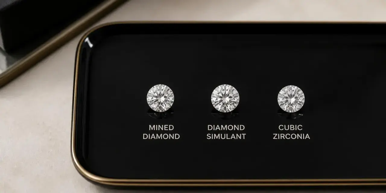 Three round brilliant cuts: a mined diamond, a diamond simulant, and cubic zirconia, displayed on a black tray.