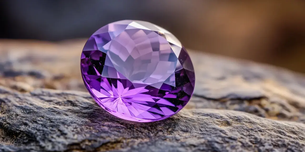 A faceted amethyst, the beautiful feb birthstone, rests on a textured rock.