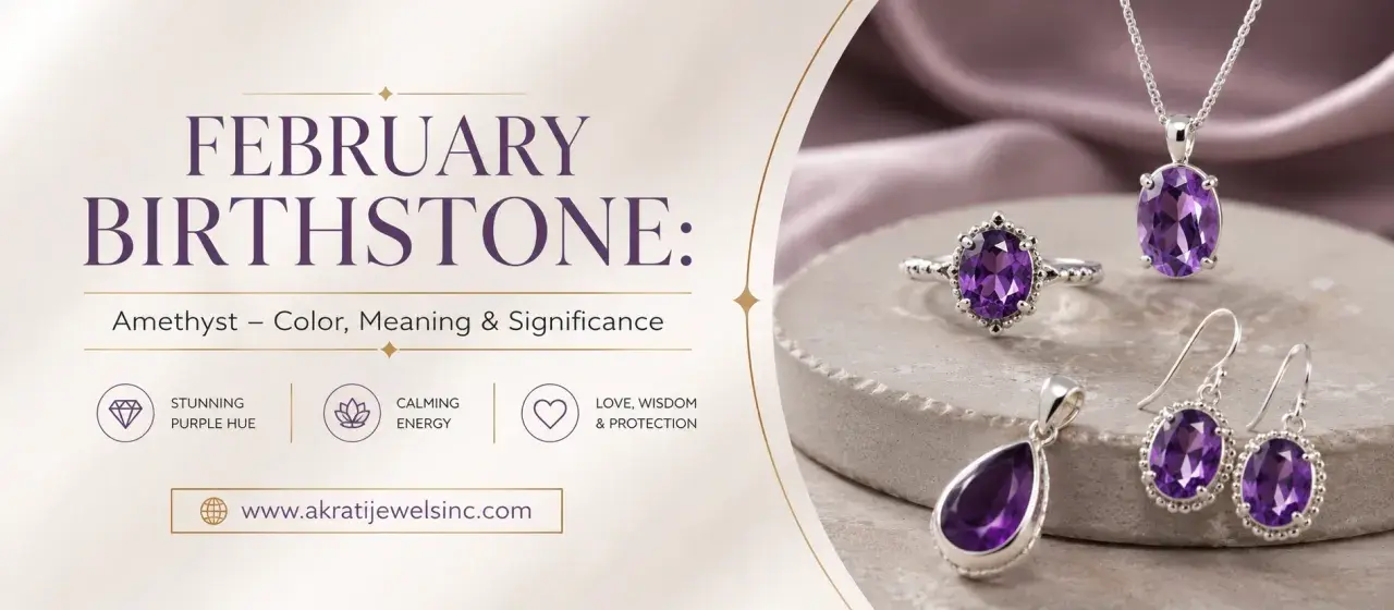 February birthstone: Amethyst jewelry, known for its stunning purple hue, calming energy, and symbolism of love, wisdom, and protection.