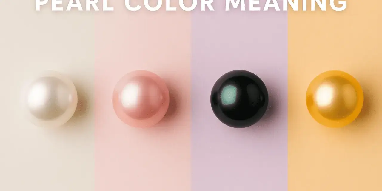 Four pearls—white, pink, black, and gold—are displayed, hinting at the pearl color meaning and their symbolic significance.