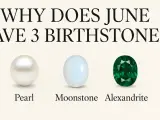 Three June 30th birthstones: a pearl, a moonstone, and an emerald-cut alexandrite.