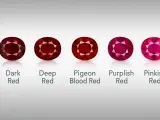 Five oval-cut rubies, showcasing a spectrum of red hues from dark to pinkish, represent the July birthstone.
