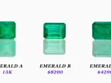 Three emeralds labeled A, B, and C, with prices $15K, $8200, and $4200 respectively, illustrating how much emeralds are worth.