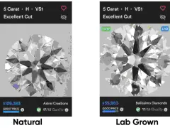 Side-by-side comparison of a natural and lab-grown diamond. Both are 5 Carat, H, VS1, Excellent Cut. The natural diamond costs $129,393, while the lab-grown is $35,963.