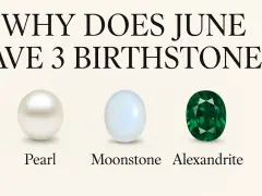 Three June 30th birthstones: a pearl, a moonstone, and an emerald-cut alexandrite.