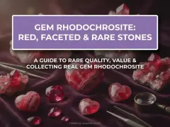 A collection of faceted and raw rhodochrosite crystal specimens, showcasing their vibrant red hues and unique banding.